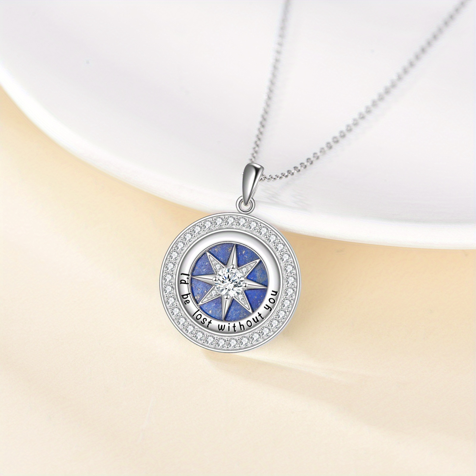 Compass Necklace with Synthetic Lapis Lazuli Pendant